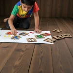 all wooden alphabet stencils included in the ABCD set neatly placed showing full set and storage