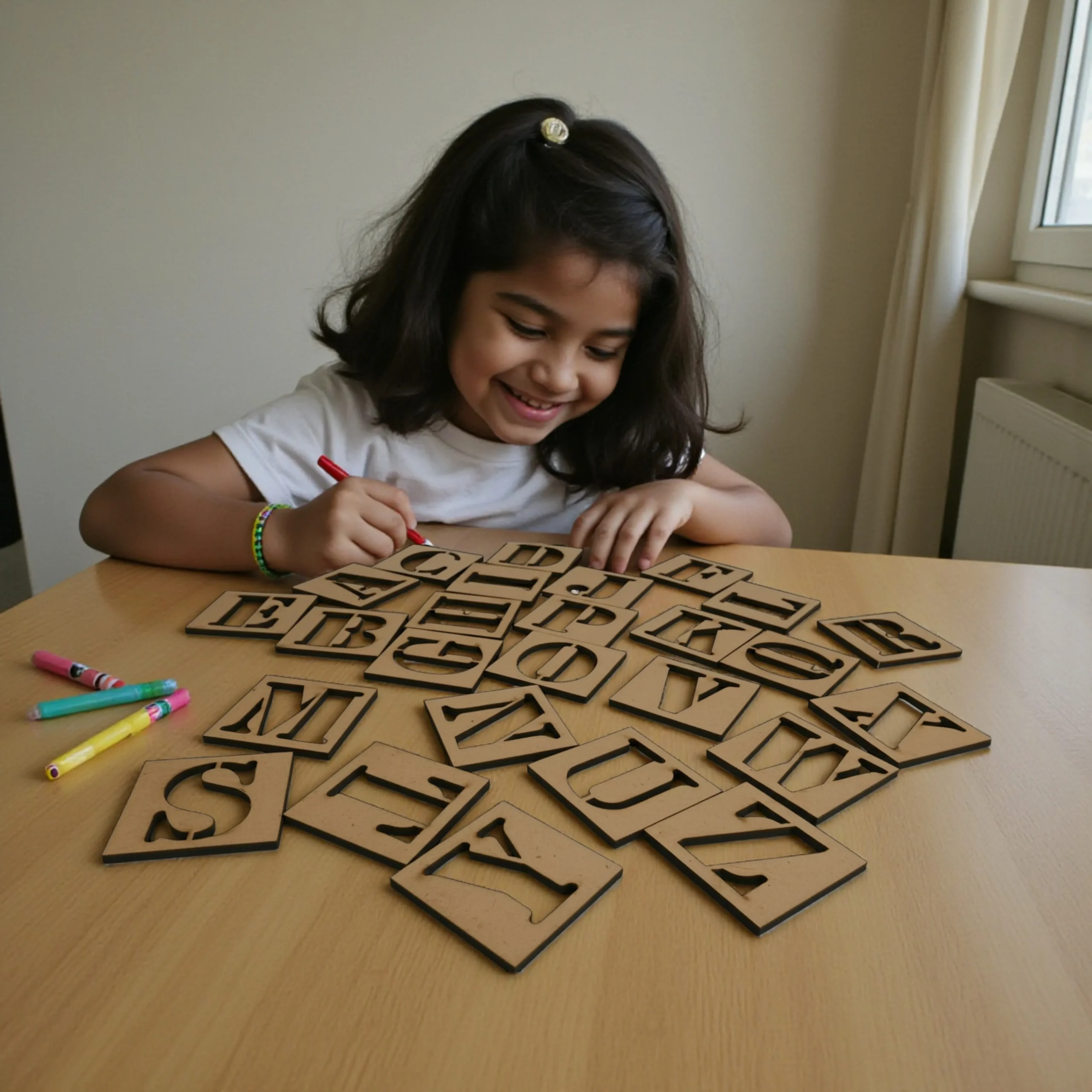 alphabet stencil set toy with wooden ABCD letters for early learning and tracing play