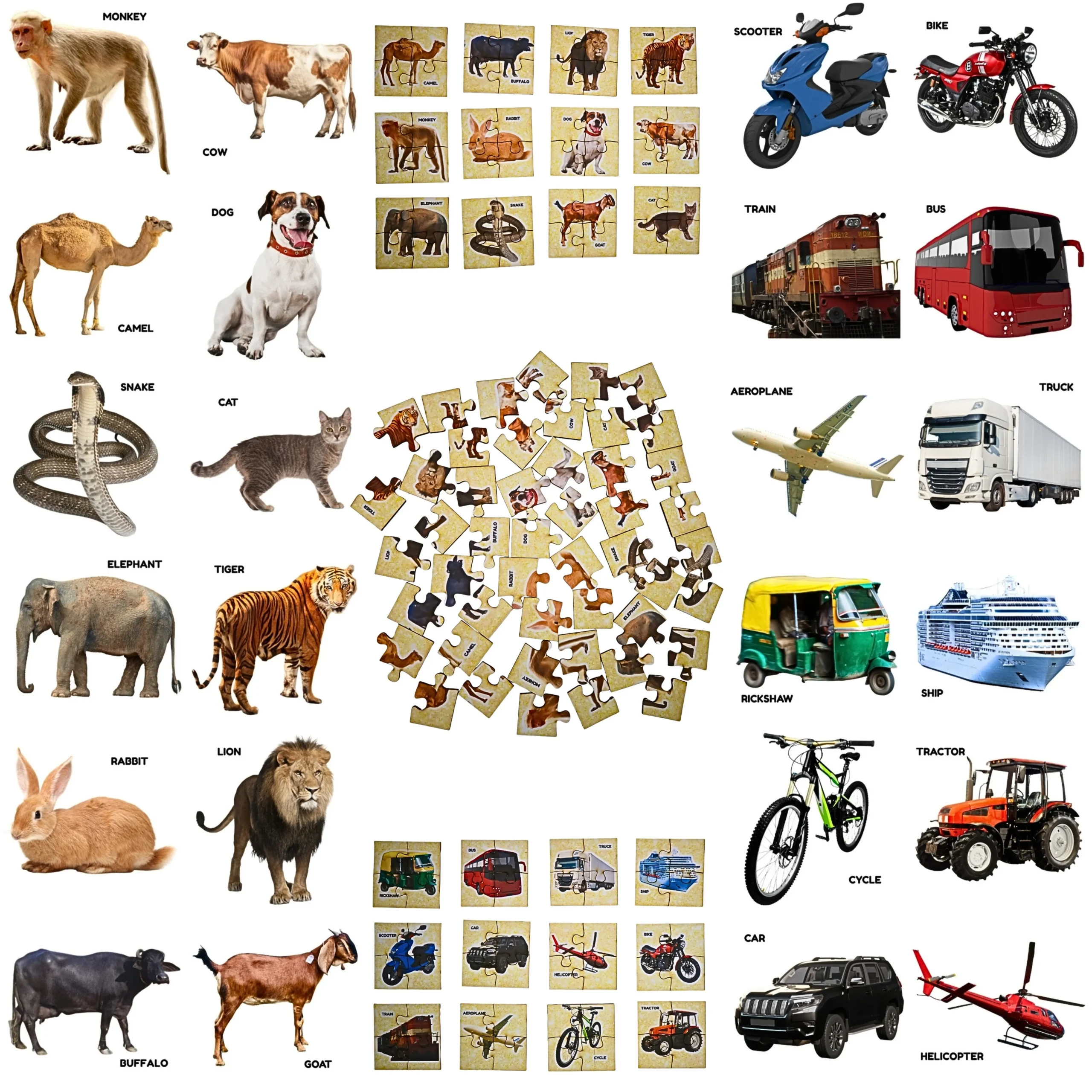 animal and vehicle jigsaw puzzle toy made from wood for toddler early learning and fun play