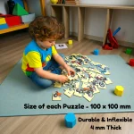 child’s hand holding wooden animal and vehicle puzzle pieces designed for preschoolers
