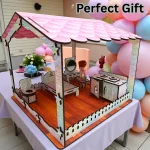 front view of wooden big doll house with open access design