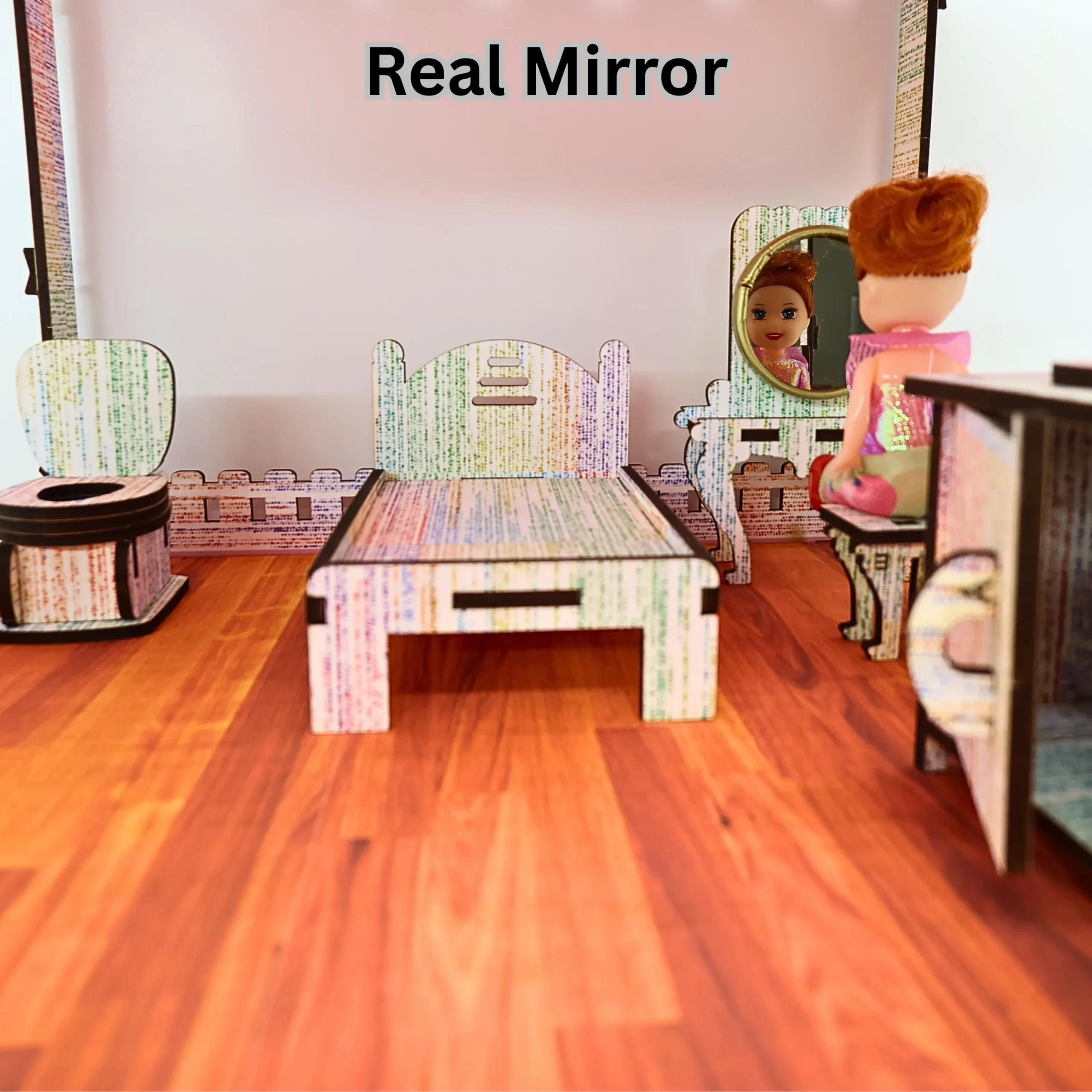 wooden furniture pieces and accessories included with big doll house