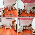 big wooden doll house toy beautifully wrapped as a gift for birthdays