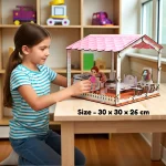 play scenario with figures and furniture inside big doll house encouraging storytelling