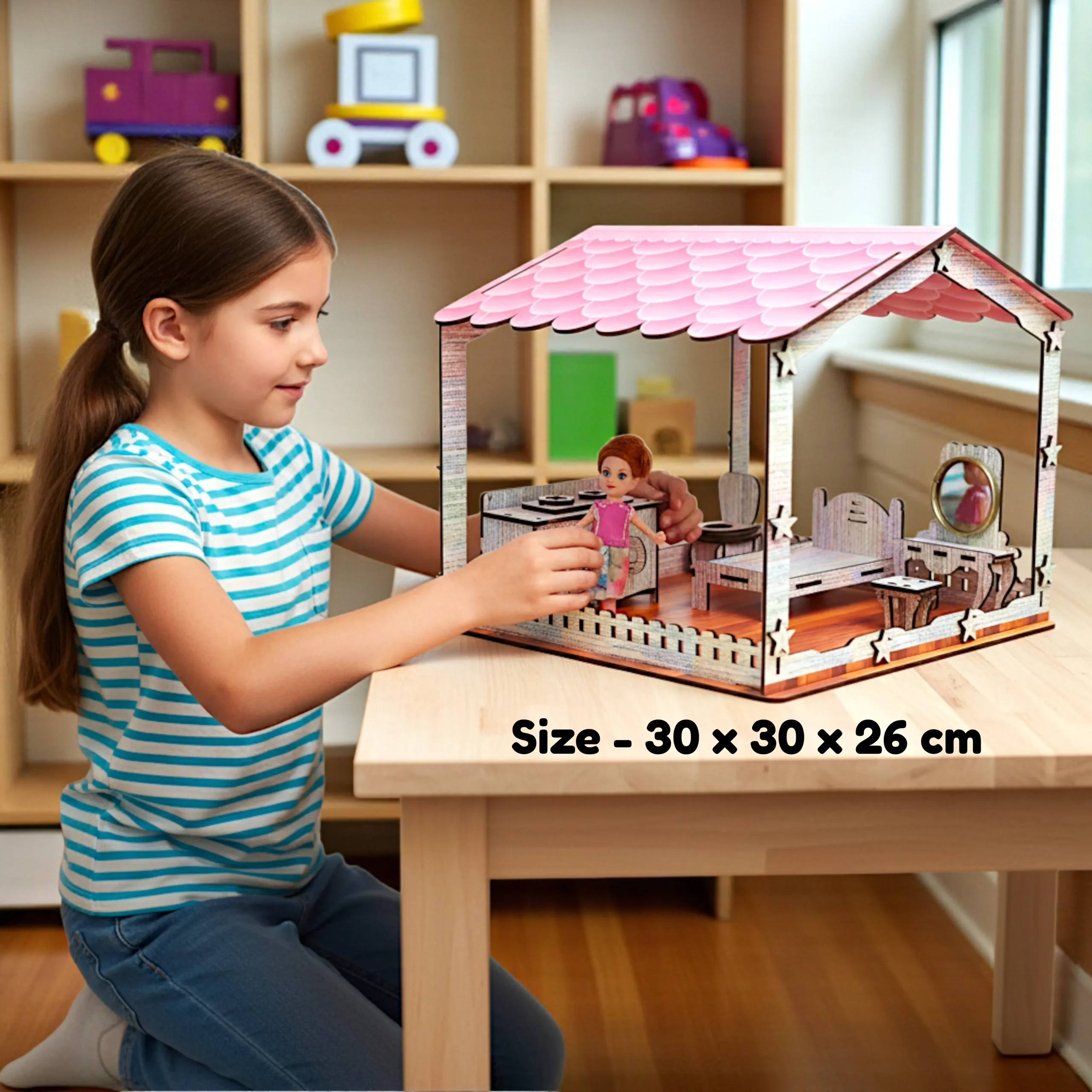 play scenario with figures and furniture inside big doll house encouraging storytelling