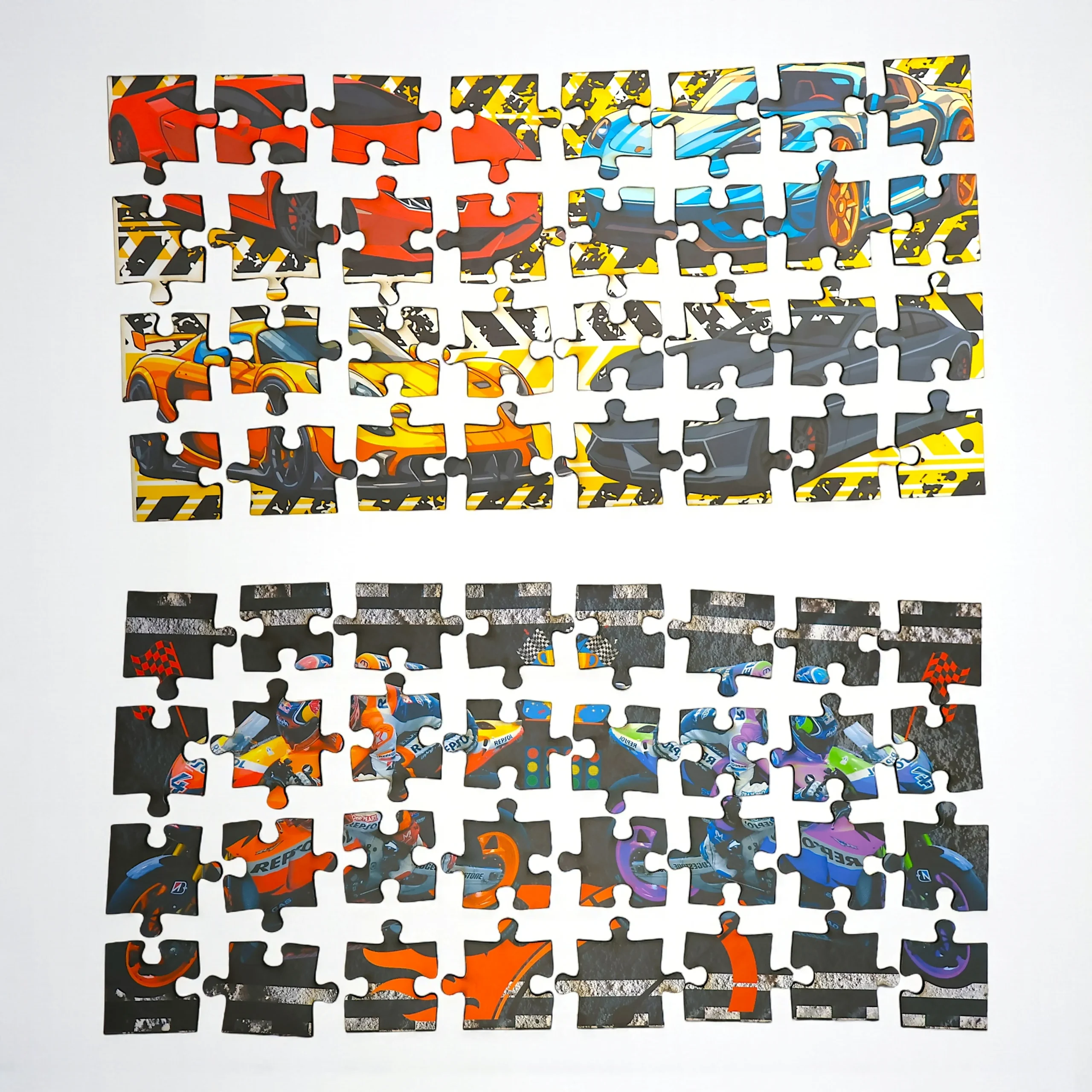 bright car and bike illustrations on jigsaw puzzle for kids