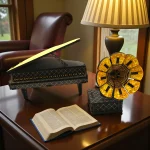 miniature piano and gramophone décor set displayed together on a shelf for interior styling