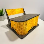 front view of wooden desk organiser showing multiple compartments for stationery