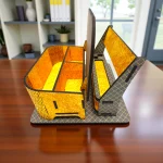 top view of wooden desk organiser showing clear layout and storage sections