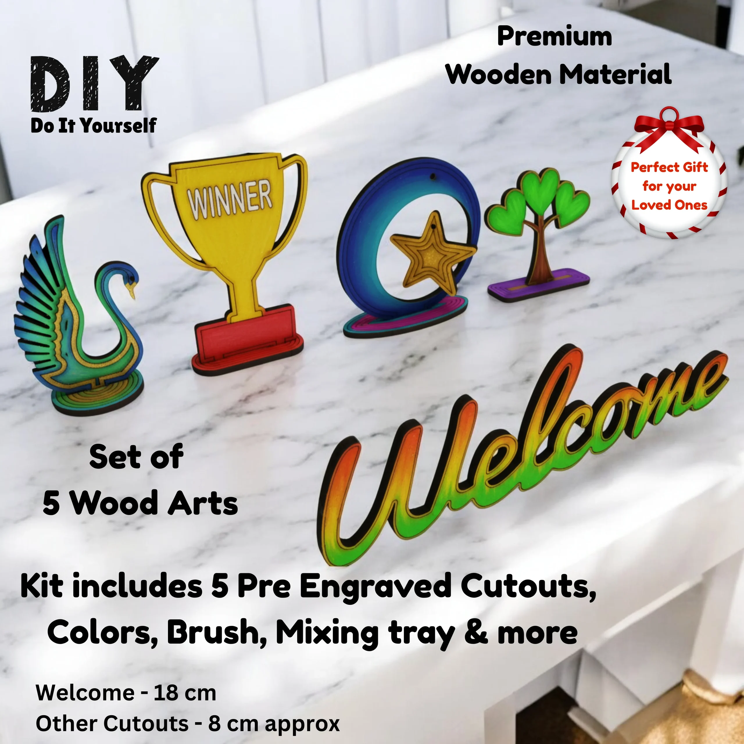 DIY wooden painting kit showing paints brushes and wooden pieces