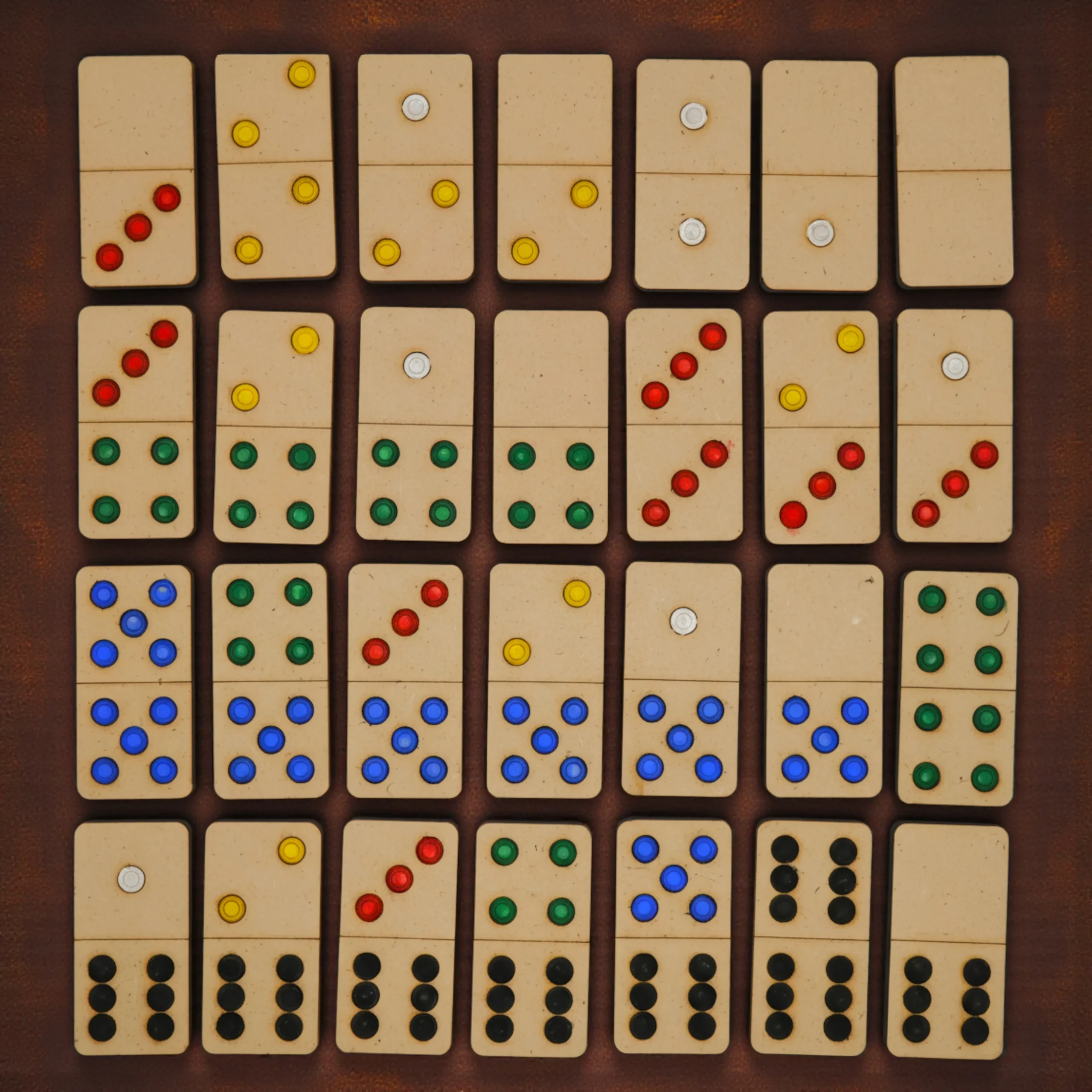 close up of wooden domino tiles with clear dot number markings