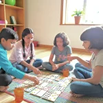 kids playing wooden domino dot game for number learning and logic development