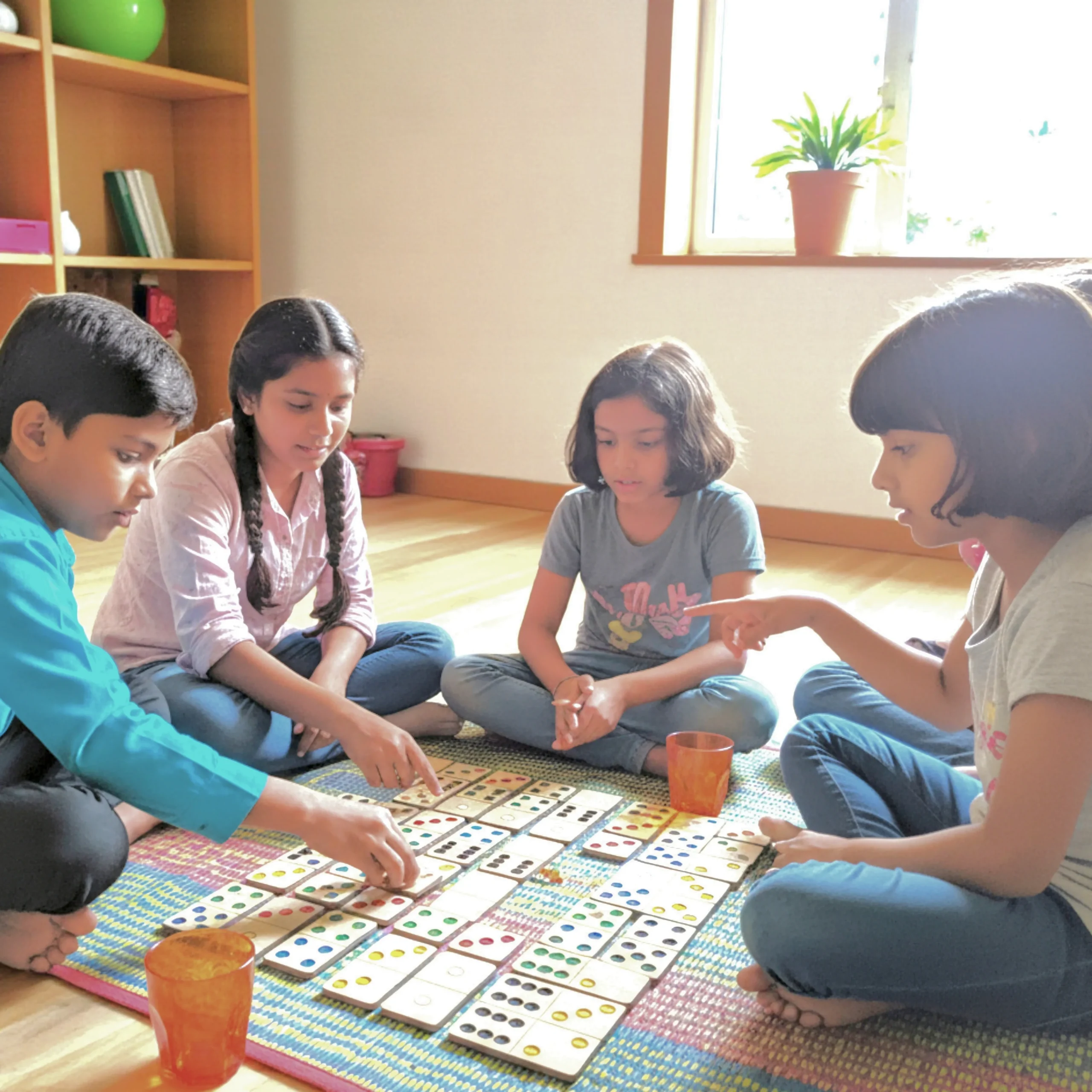 kids playing wooden domino dot game for number learning and logic development
