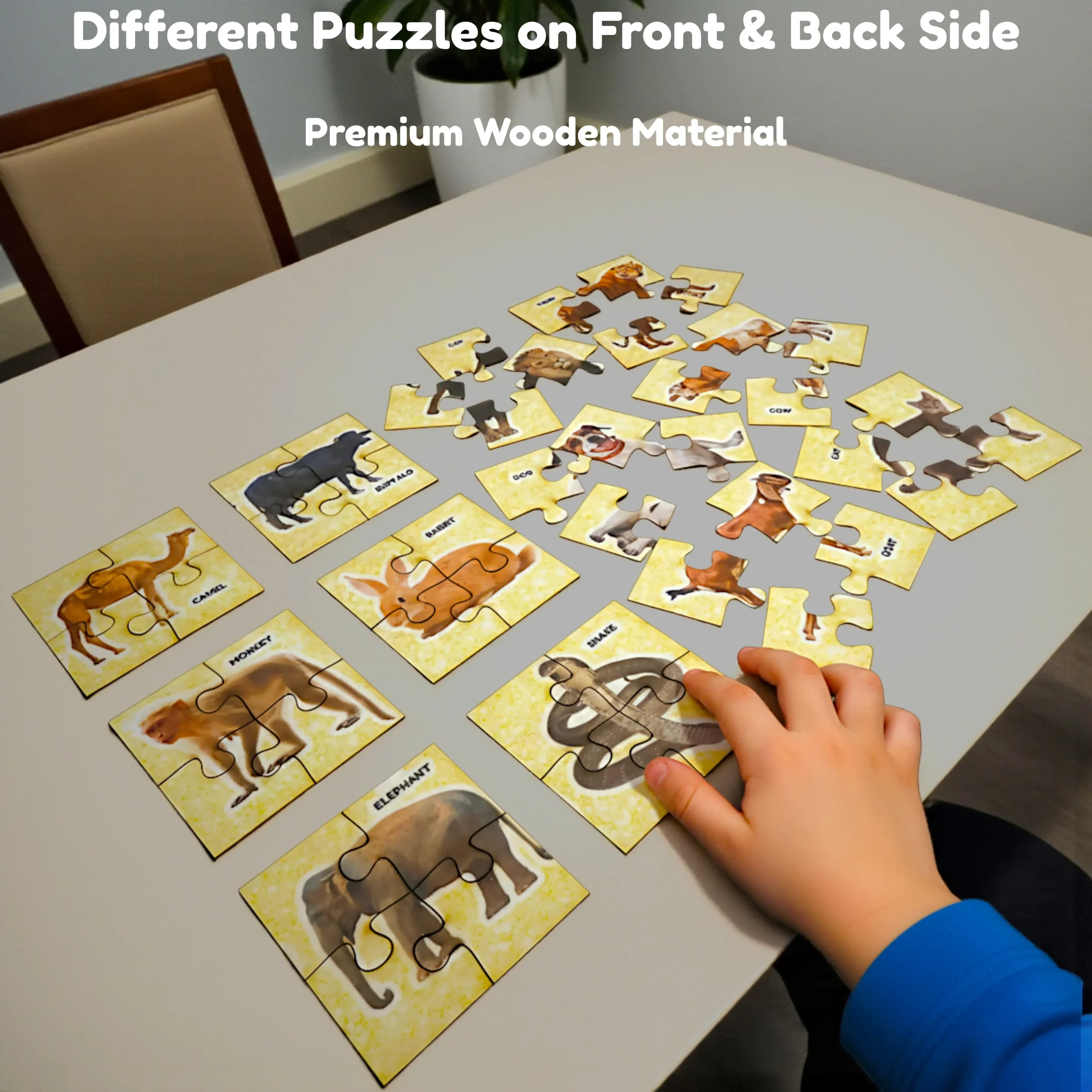 family or siblings playing animal and vehicle jigsaw puzzle toy together for fun and learning