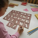 child’s hand tracing letters on wooden alphabet stencils building motor skills and coordination