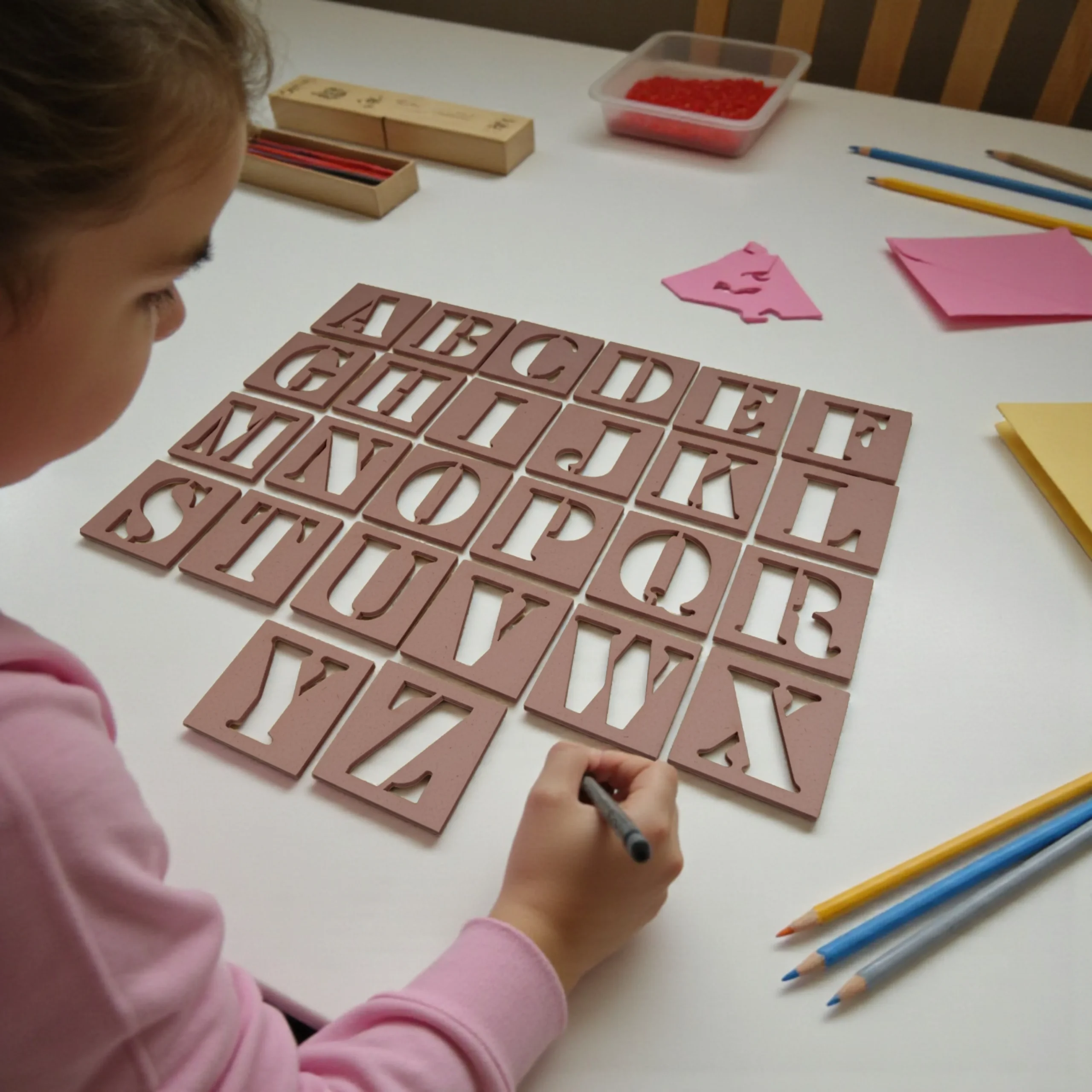 child’s hand tracing letters on wooden alphabet stencils building motor skills and coordination