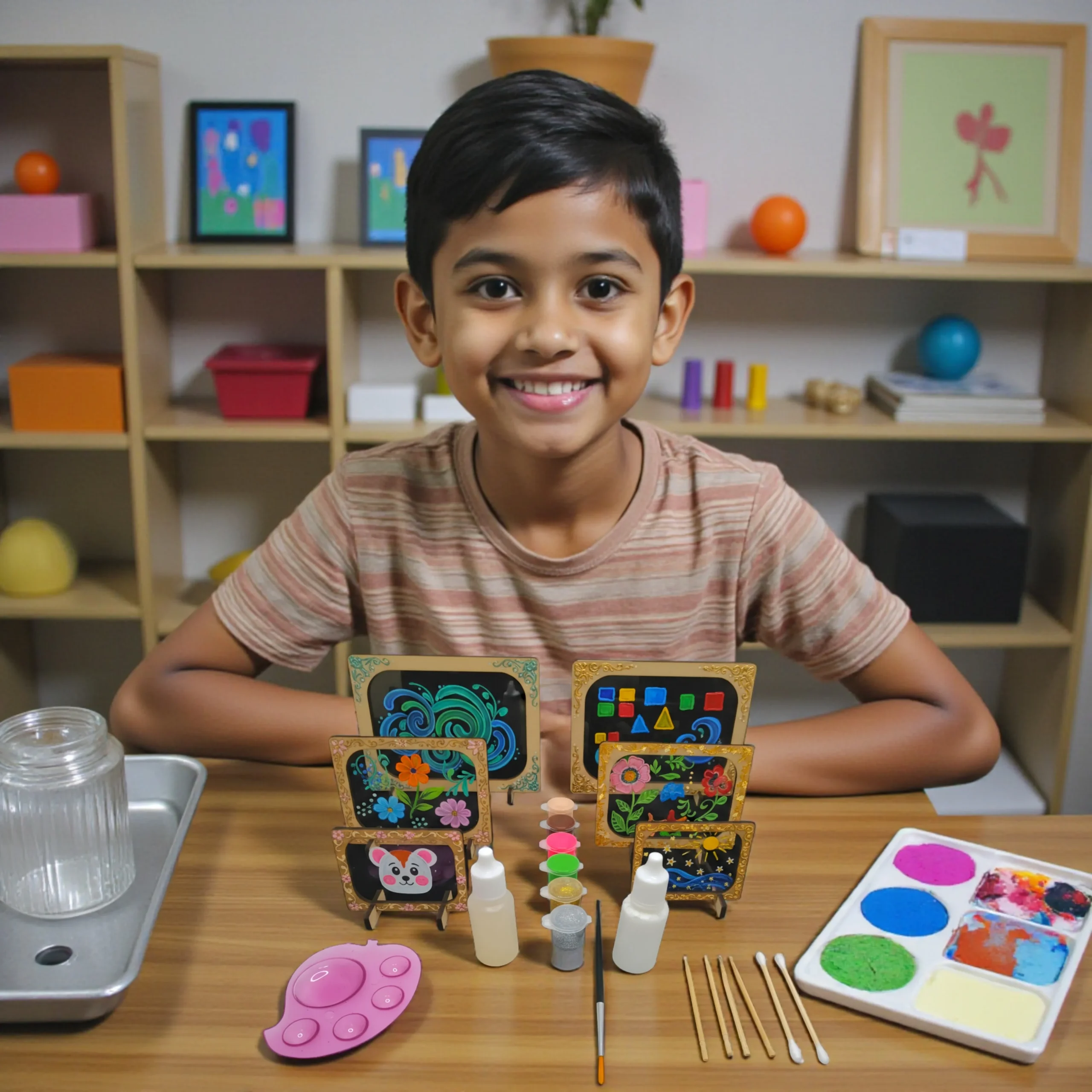 finished glass painting artwork created using kids diy kit