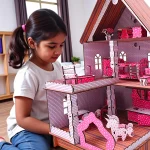 close up of themed décor details inside girls dollhouse