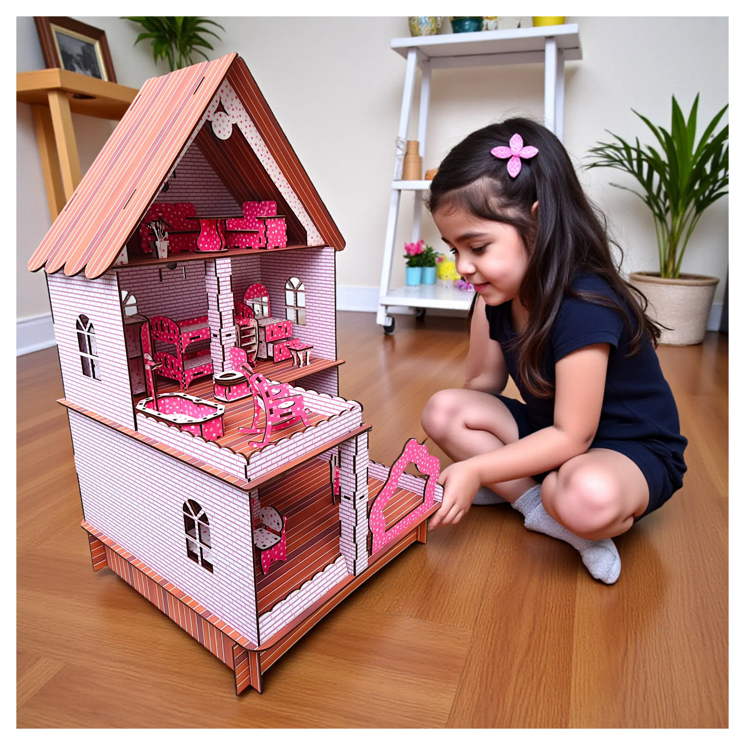 interior rooms of girls dollhouse with furniture and décor