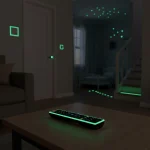 close up of glow in the dark stickers glowing at night in kids room