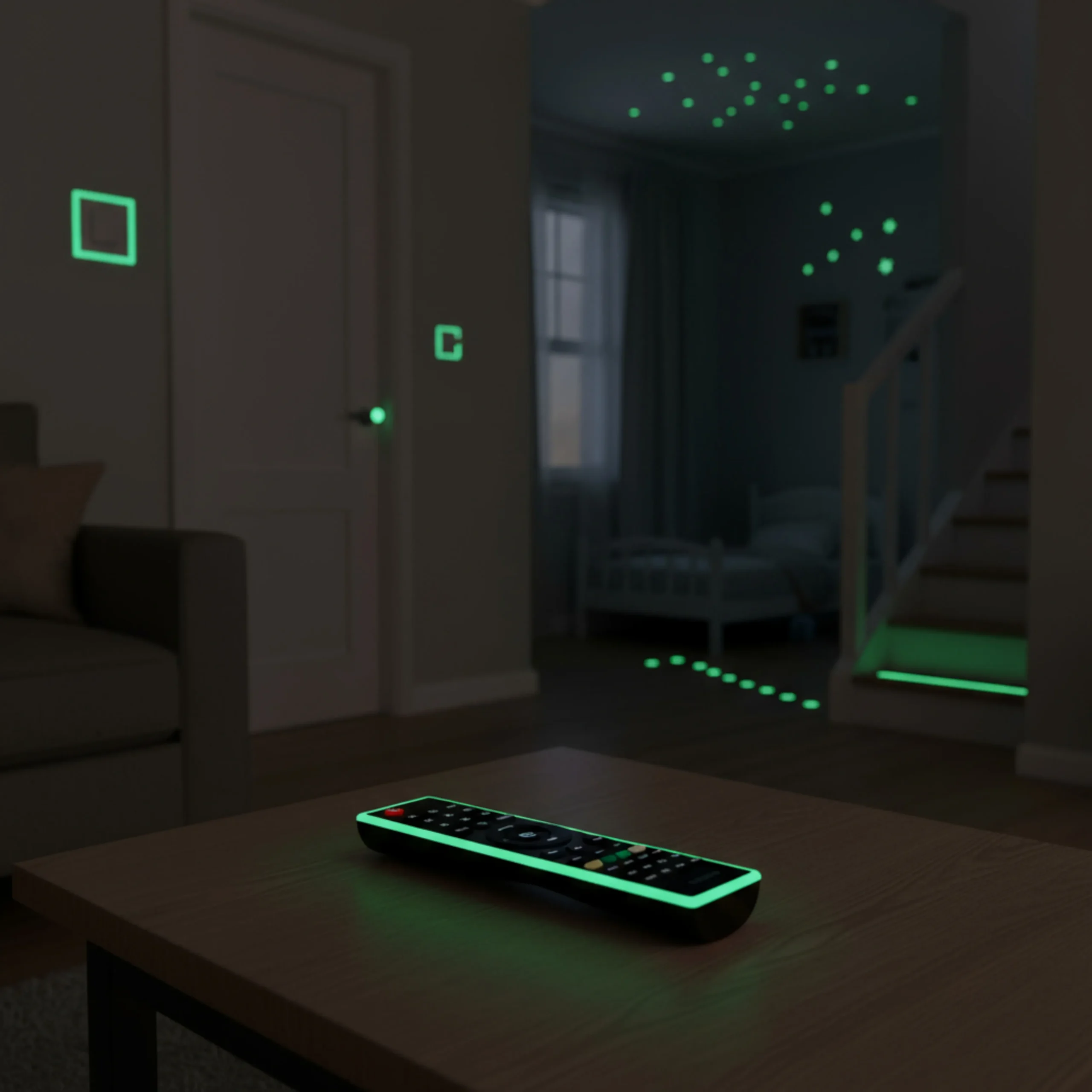 close up of glow in the dark stickers glowing at night in kids room