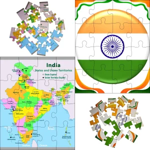 full layout of India map and flag jigsaw puzzle showing all pieces
