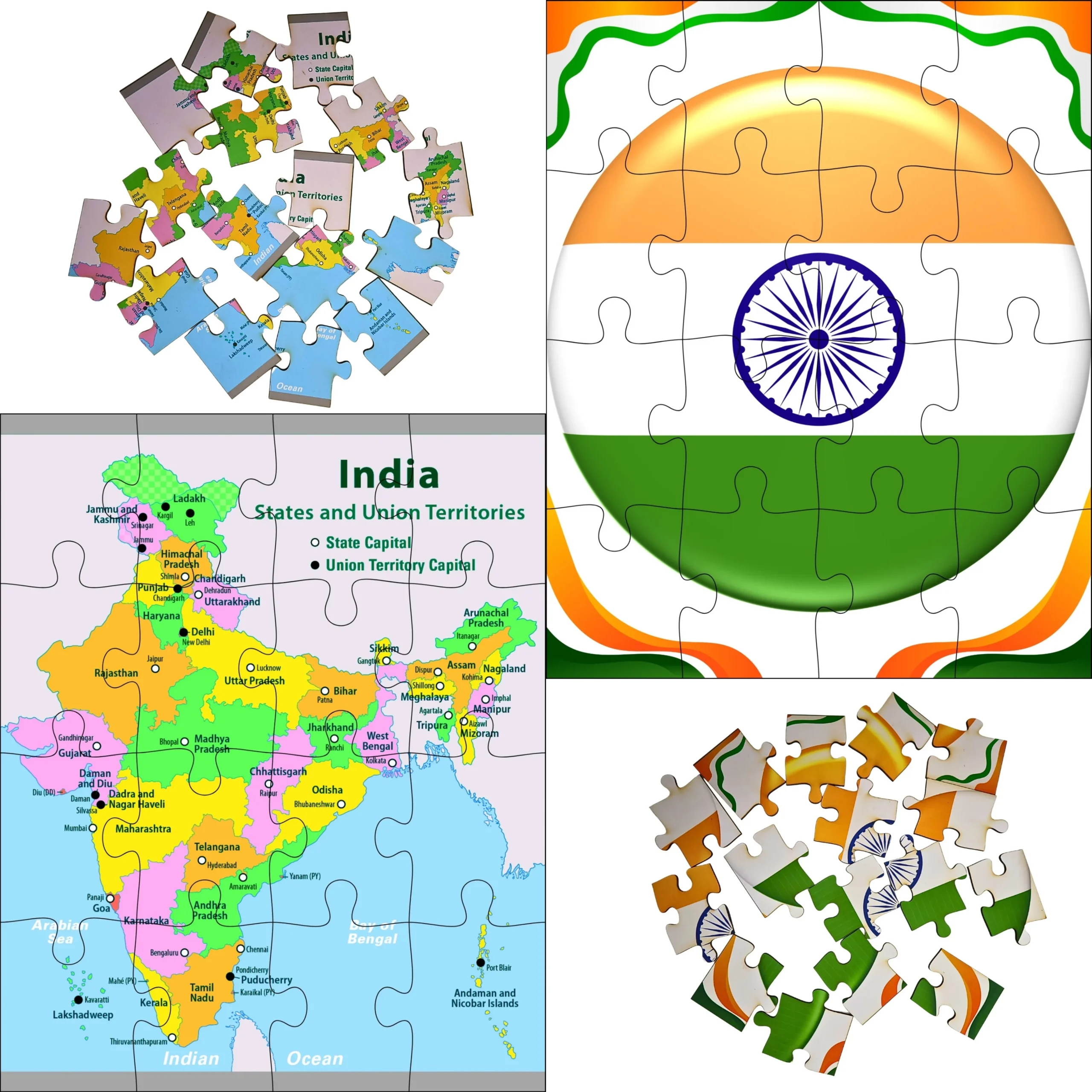 full layout of India map and flag jigsaw puzzle showing all pieces