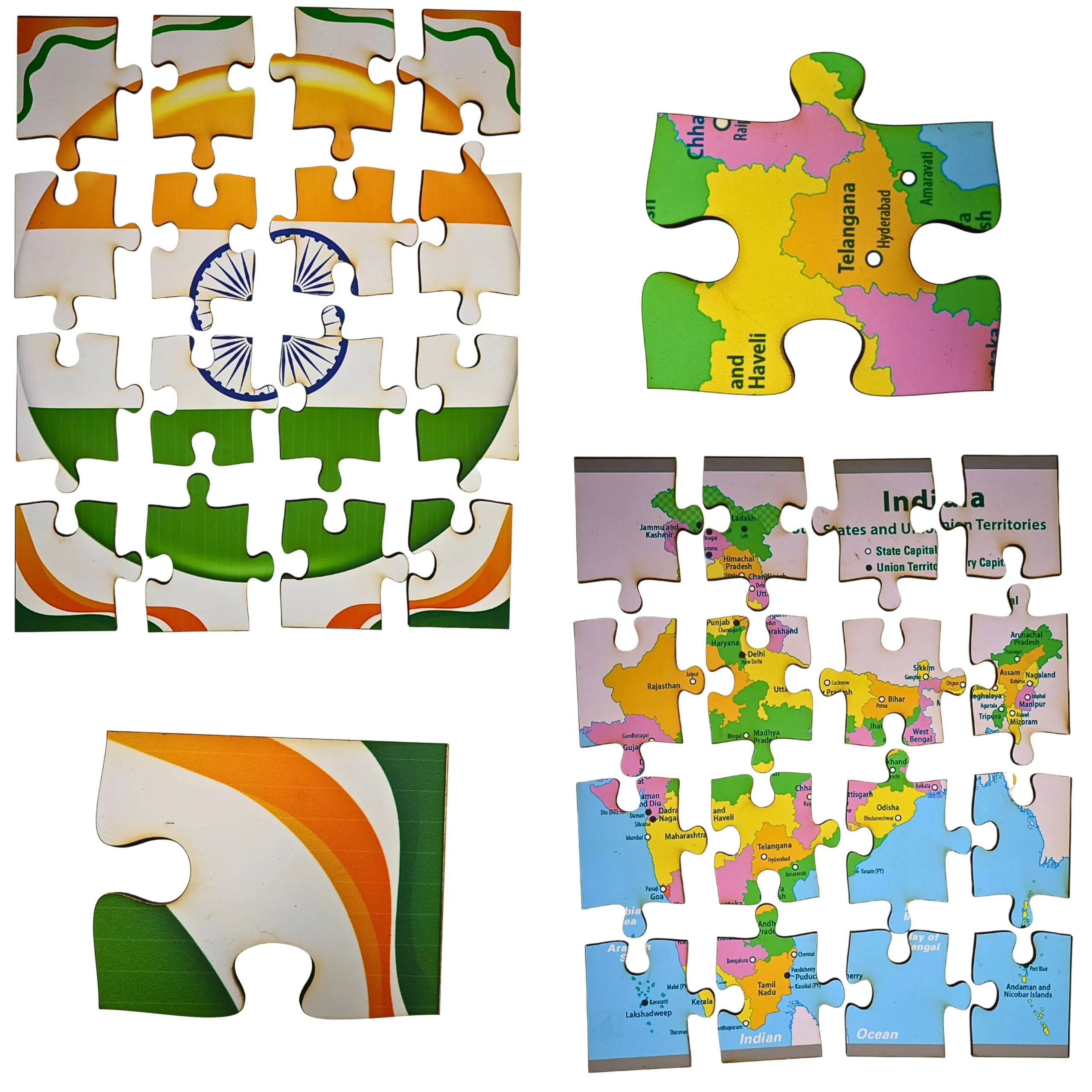 close up of puzzle pieces showing India map and flag details for educational play
