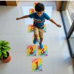 children playing hopscotch floor game indoors on mat