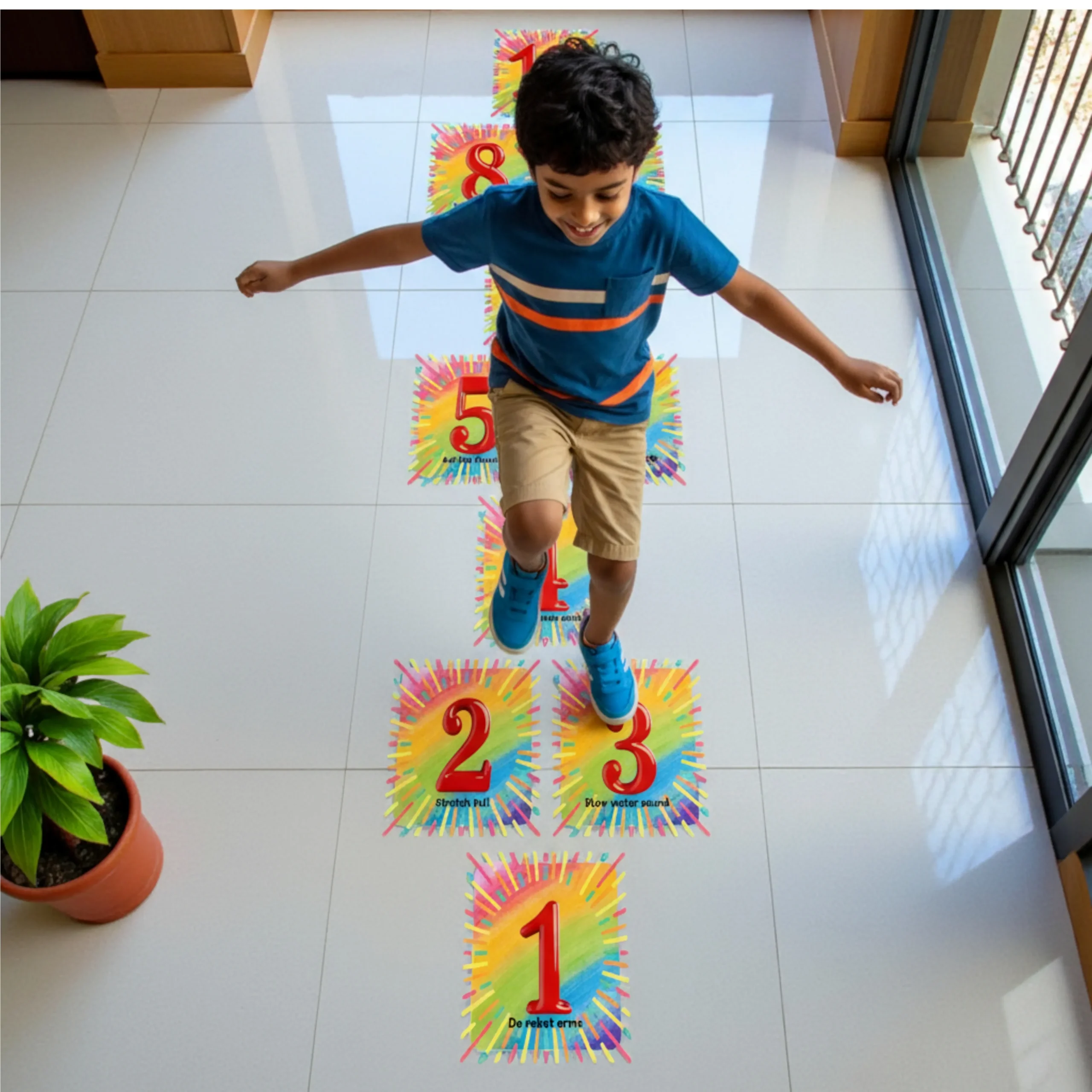 children playing hopscotch floor game indoors on mat