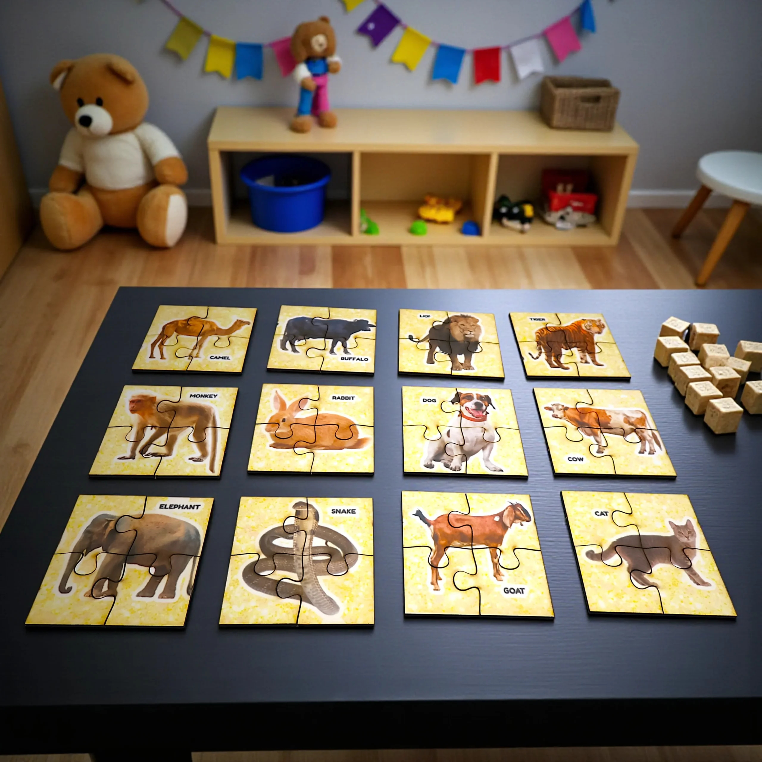 child solving animal and vehicle jigsaw puzzle enhancing focus hand-eye coordination and problem solving