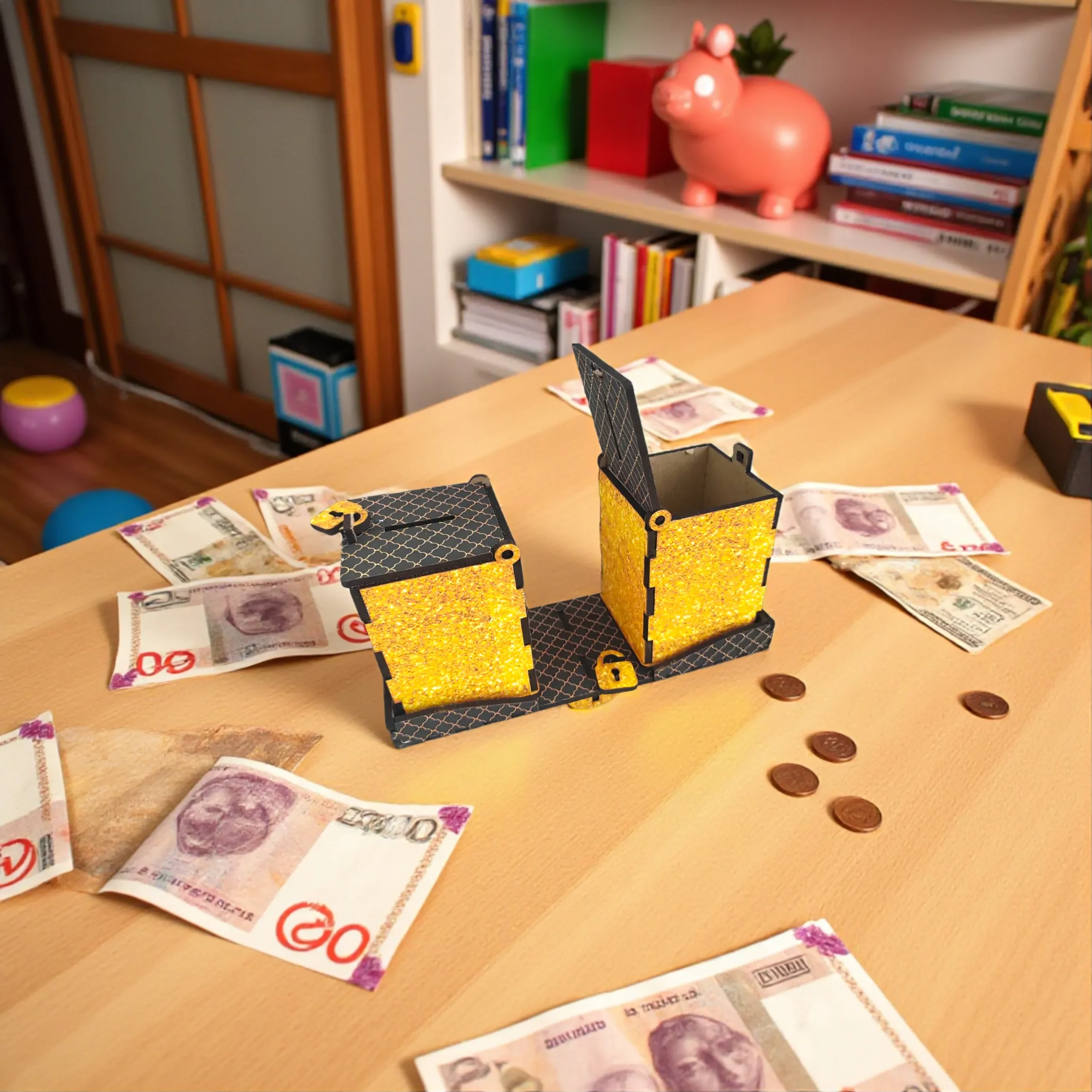 kids inserting coins into piggy bank money box
