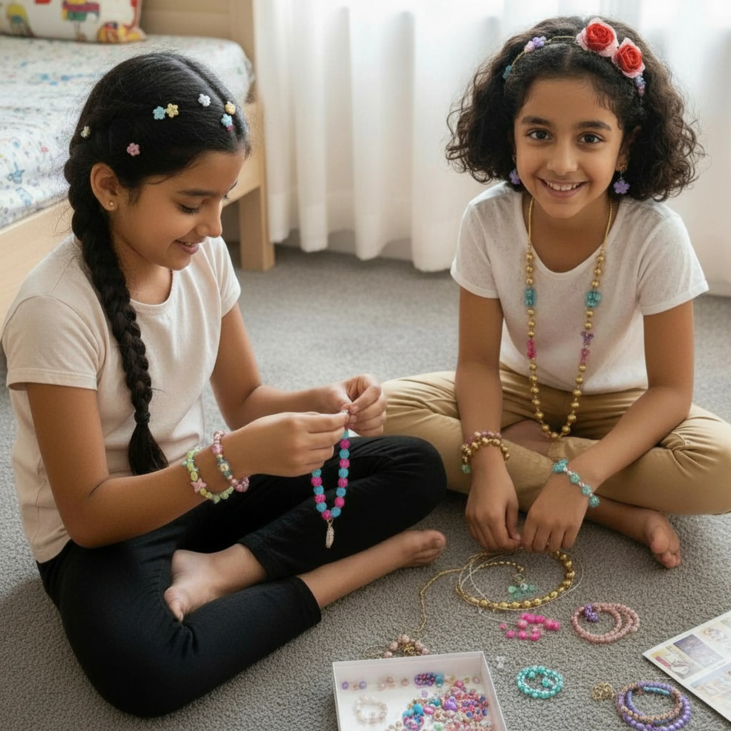 kids making bracelets using jewellery beads diy kit