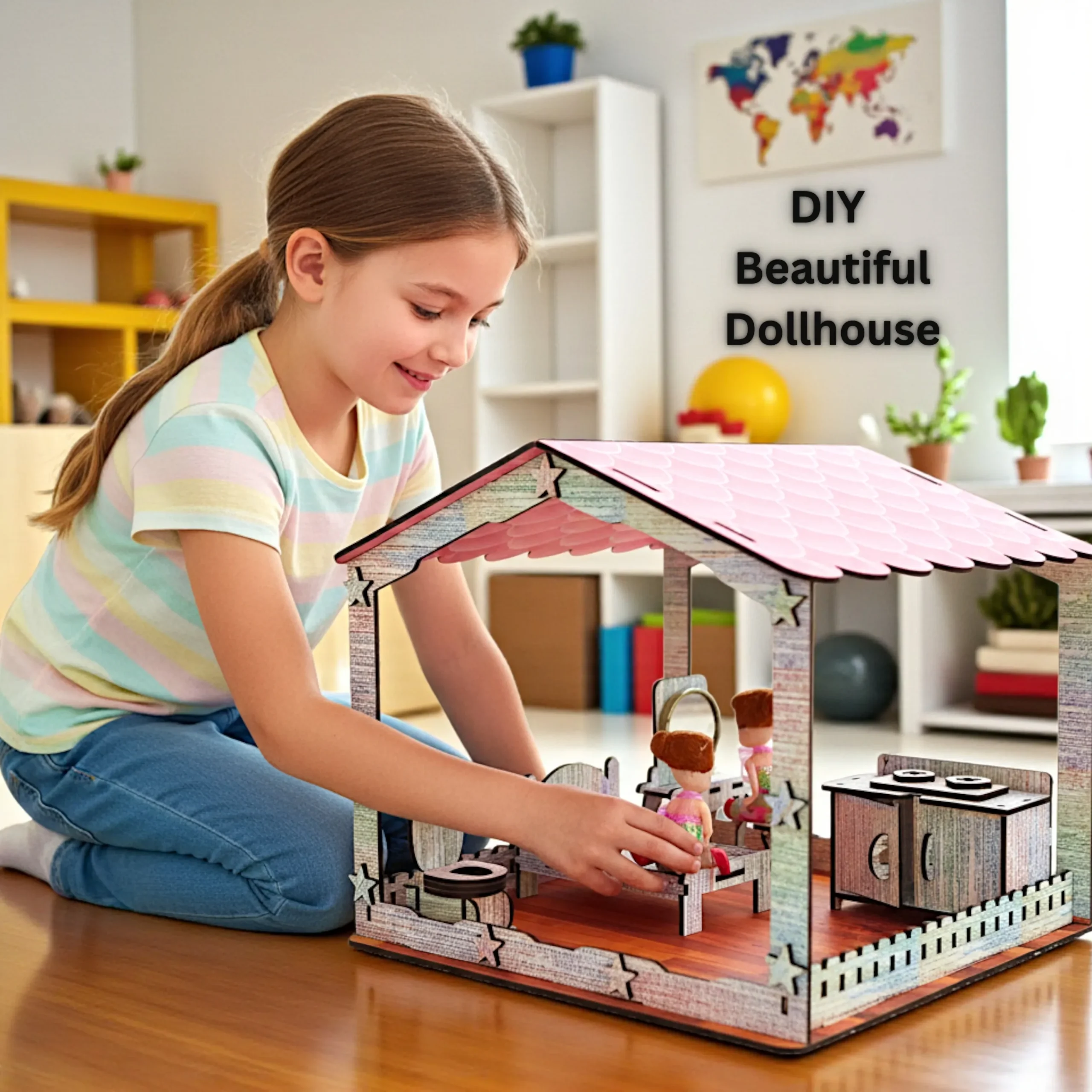 children playing with big wooden doll house enjoying pretend house scenes