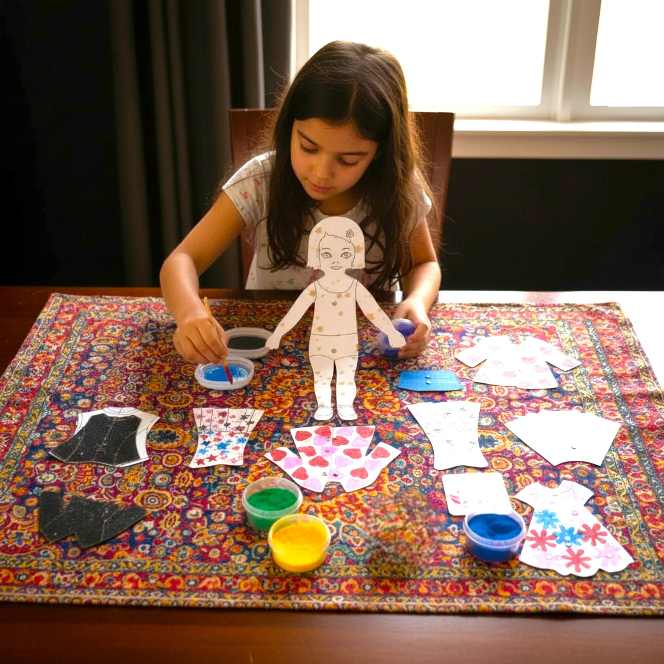 kids playing with doll sand art kit