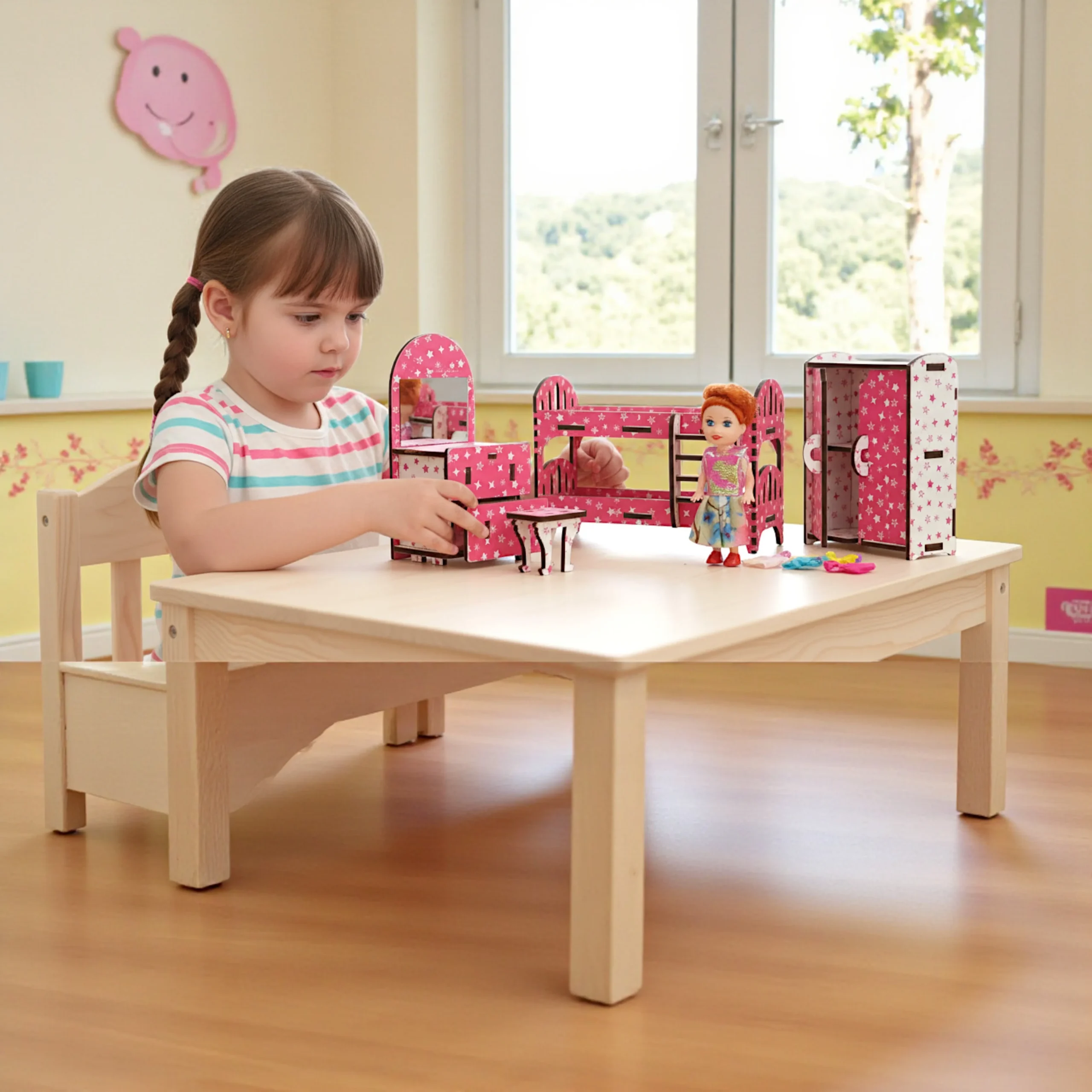 child arranging miniature dollhouse bedroom furniture pieces to promote fine motor skills
