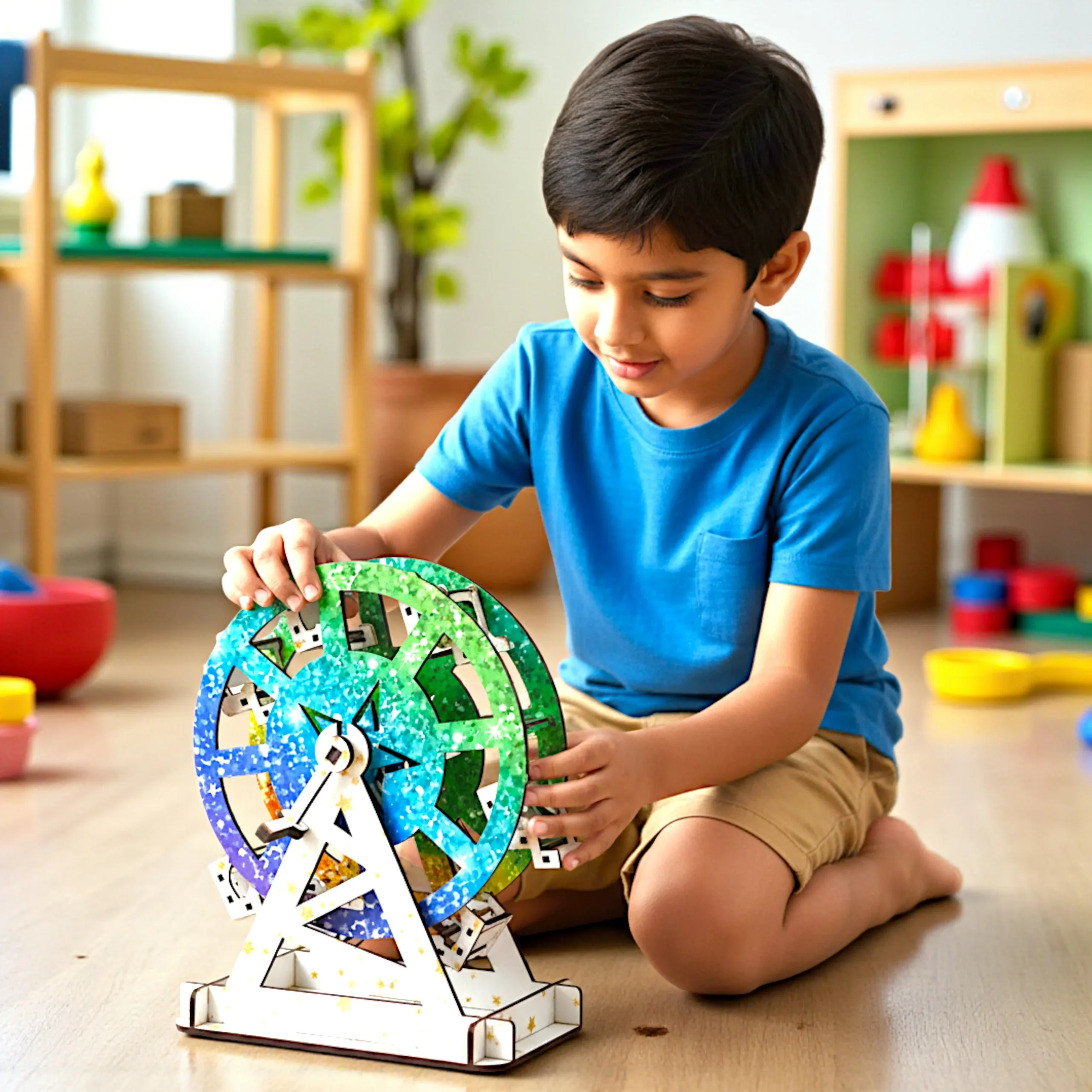 kids playing with ferris wheel wooden puzzle toy