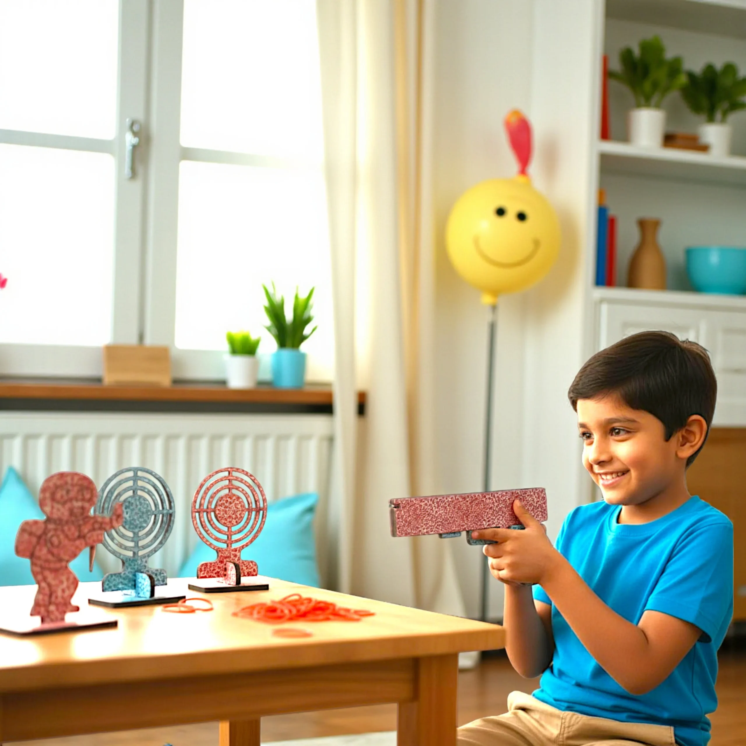 kids using rubber band gun for target shooting game