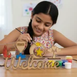 kids painting wooden shapes using wood painting kit