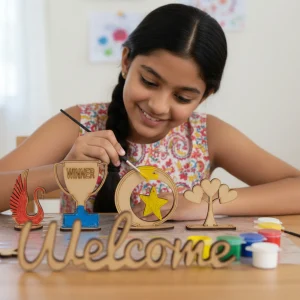 kids painting wooden shapes using wood painting kit