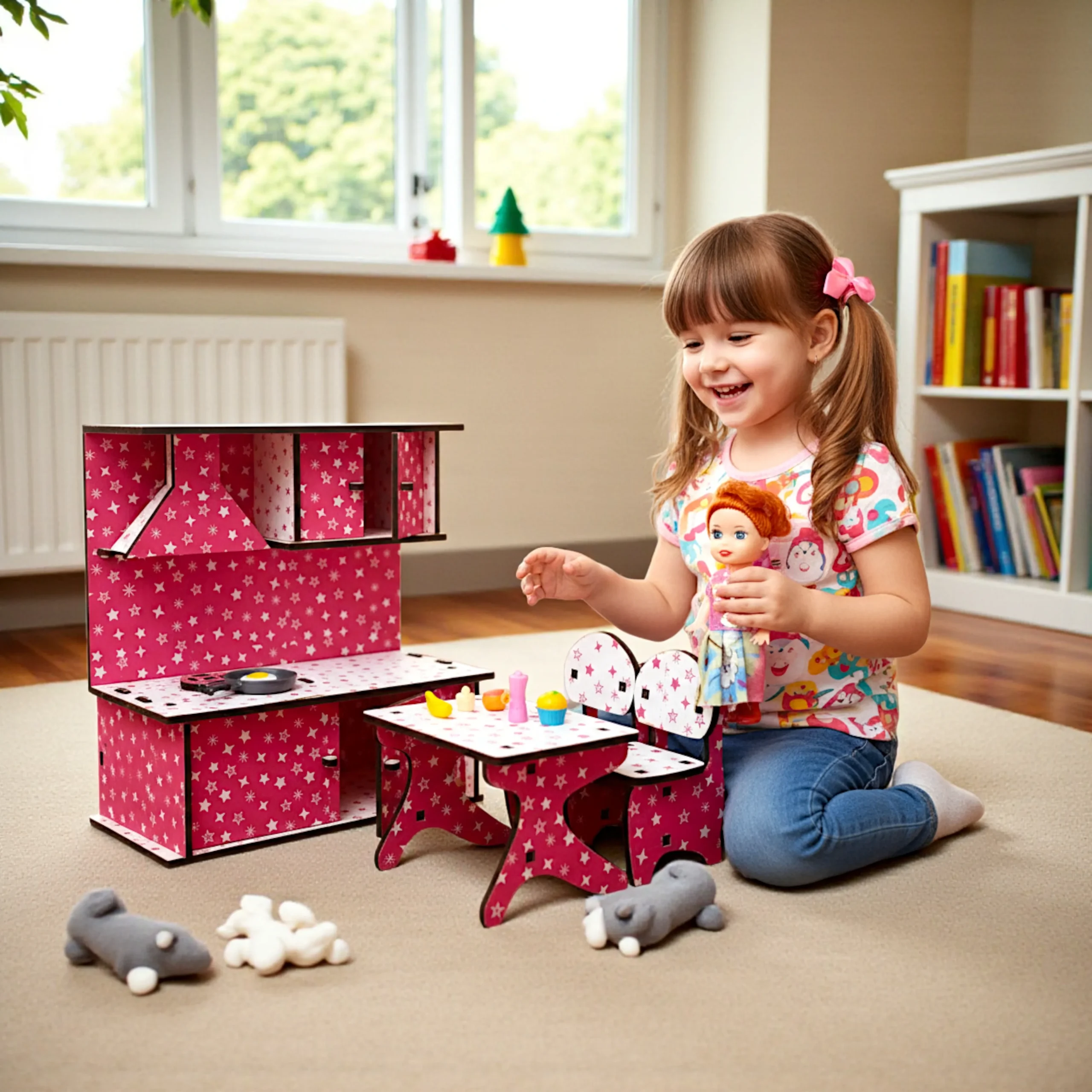 kitchen set toy arranged in kids playroom for pretend cooking