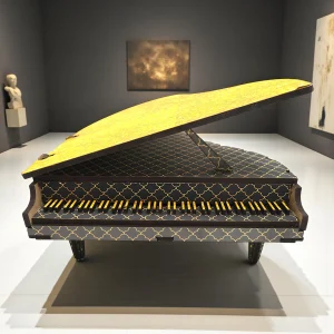 miniature piano and gramophone décor set placed on living room shelf as decorative accent