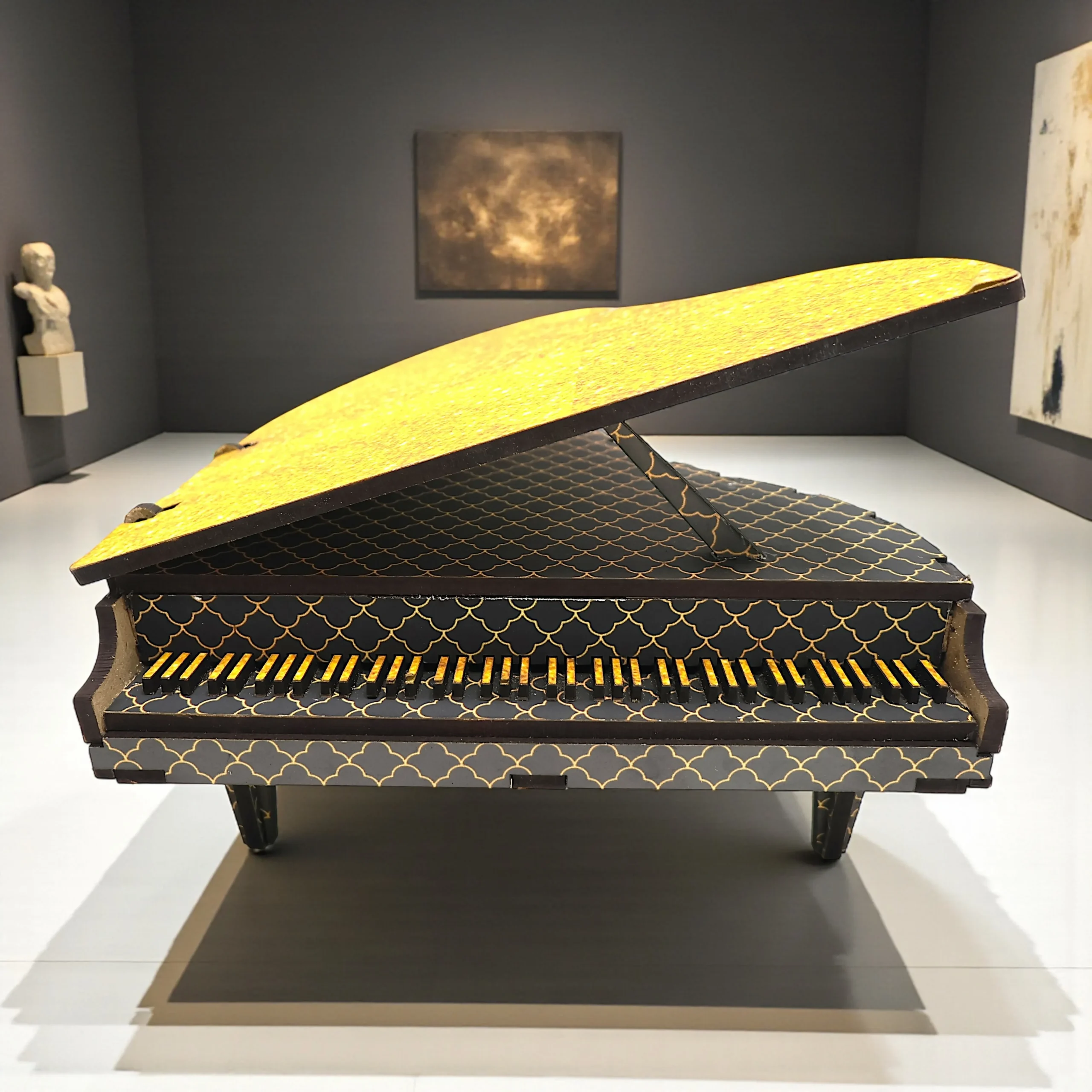 miniature piano and gramophone décor set placed on living room shelf as decorative accent