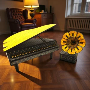 miniature piano and gramophone décor set shown with common objects for size reference