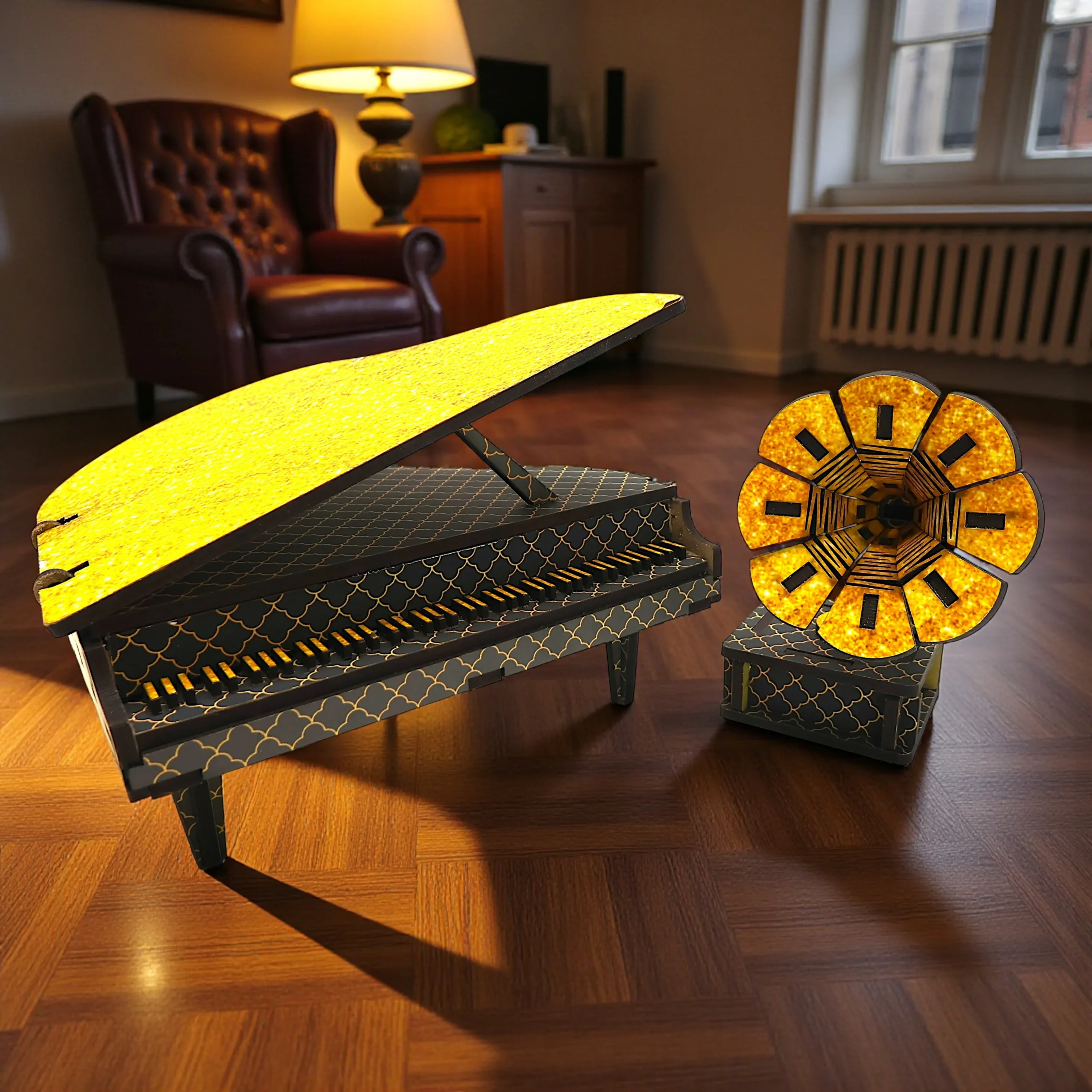 miniature piano and gramophone décor set shown with common objects for size reference