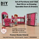 miniature dollhouse bedroom furniture set made from wood with bed, wardrobe and accessories for pretend play
