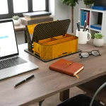 minimal wooden desk organiser used as home office decor accessory