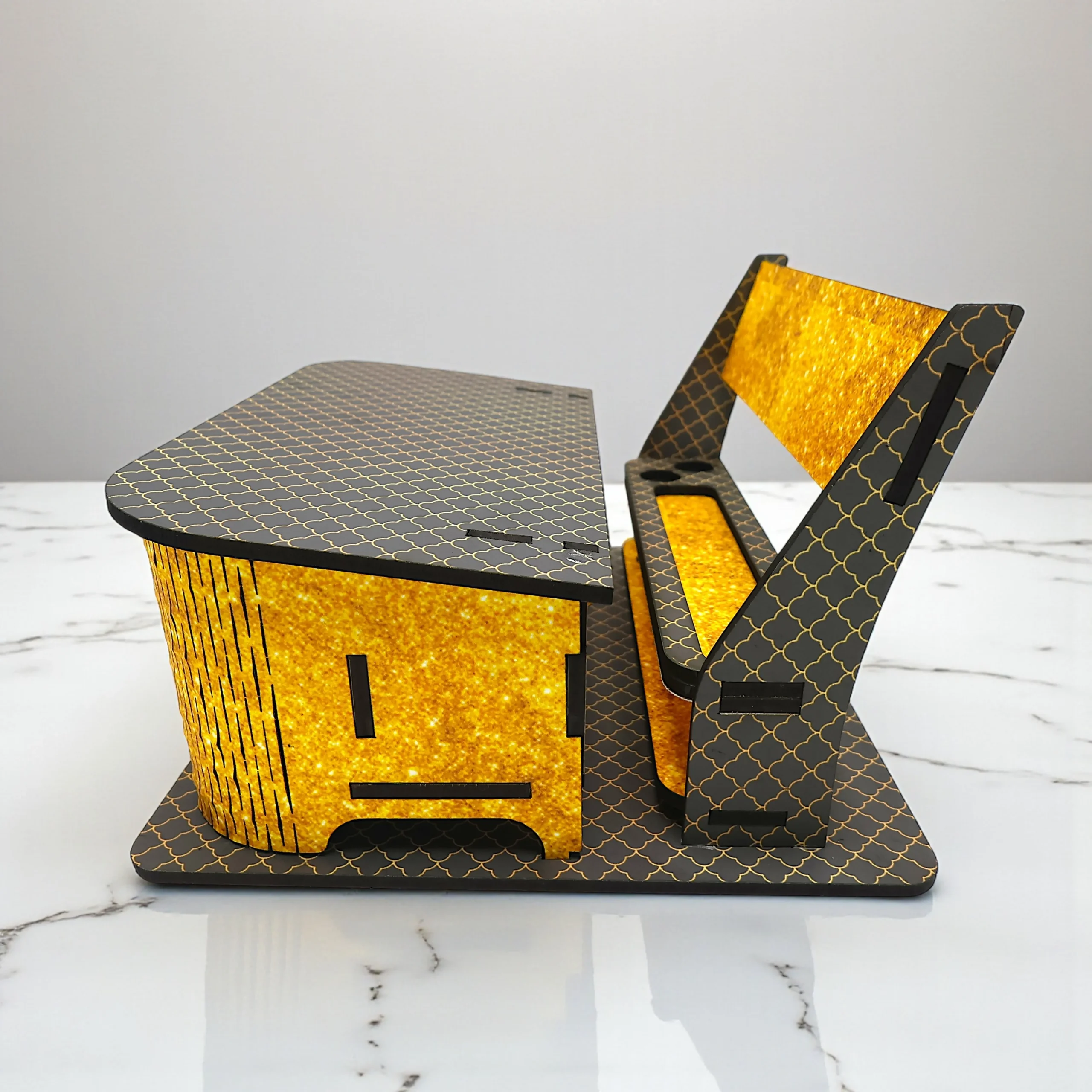 wooden desk organiser placed on office desk with stationery and documents