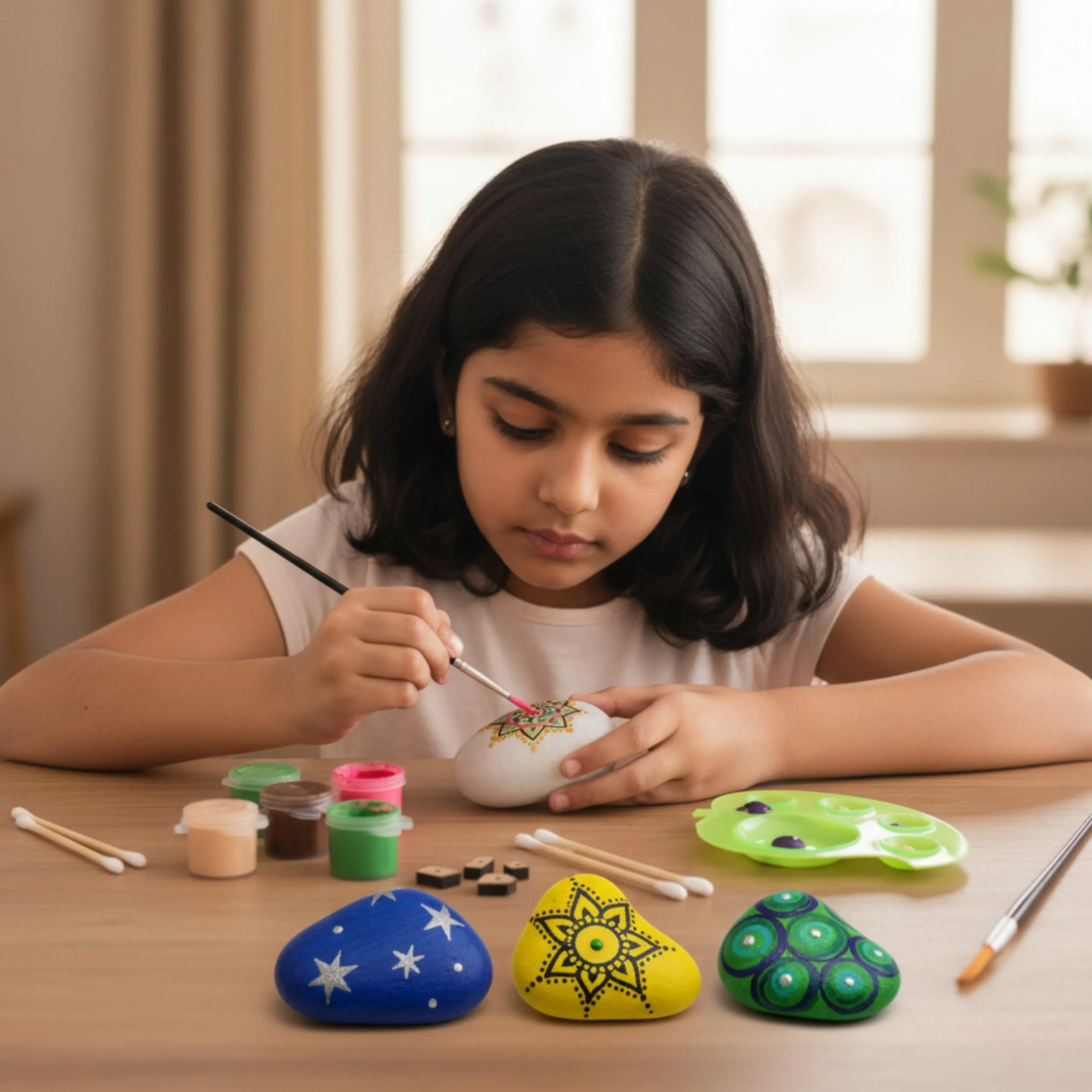 finished painted rocks created using kids rock painting kit