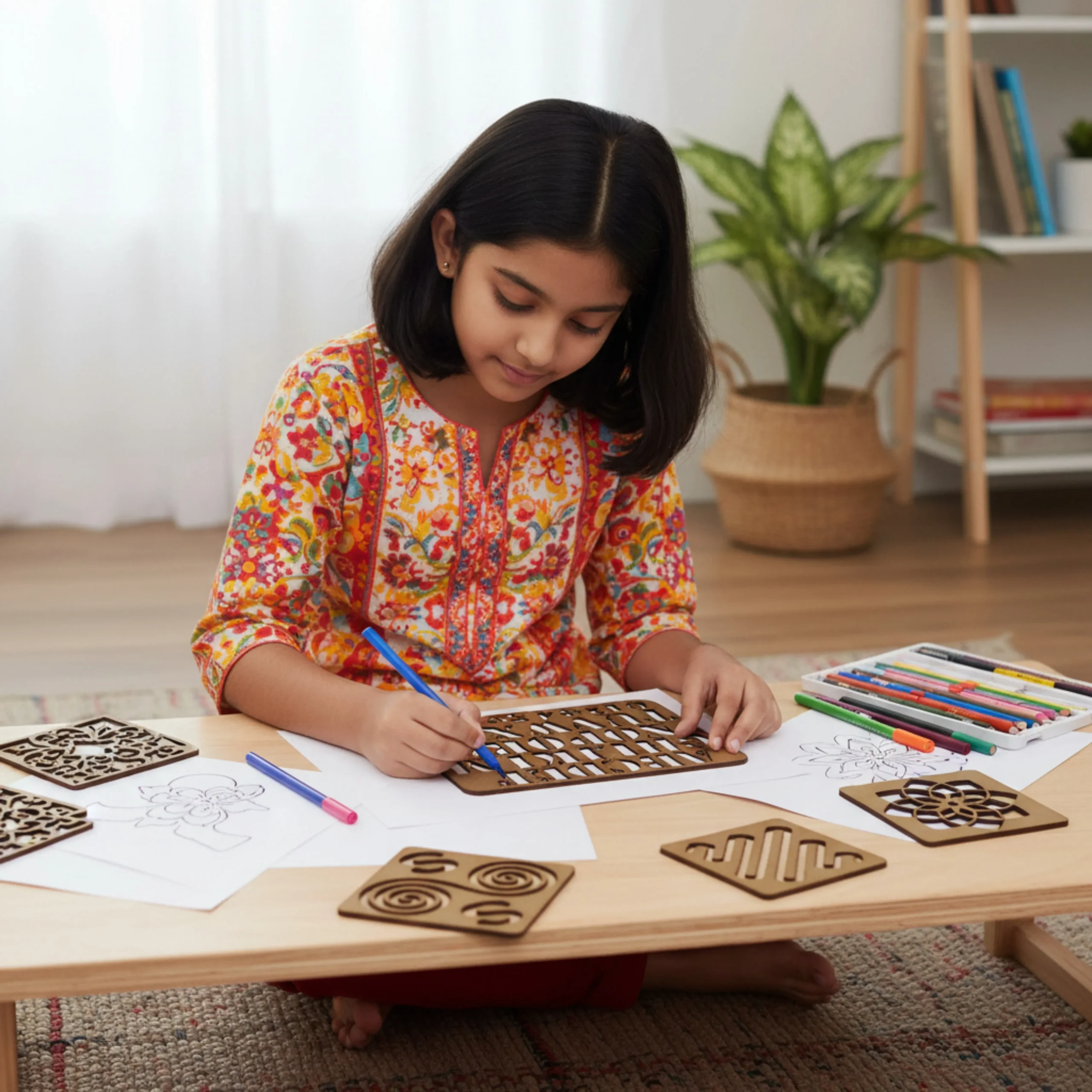 kids painting using stencil set for art activities